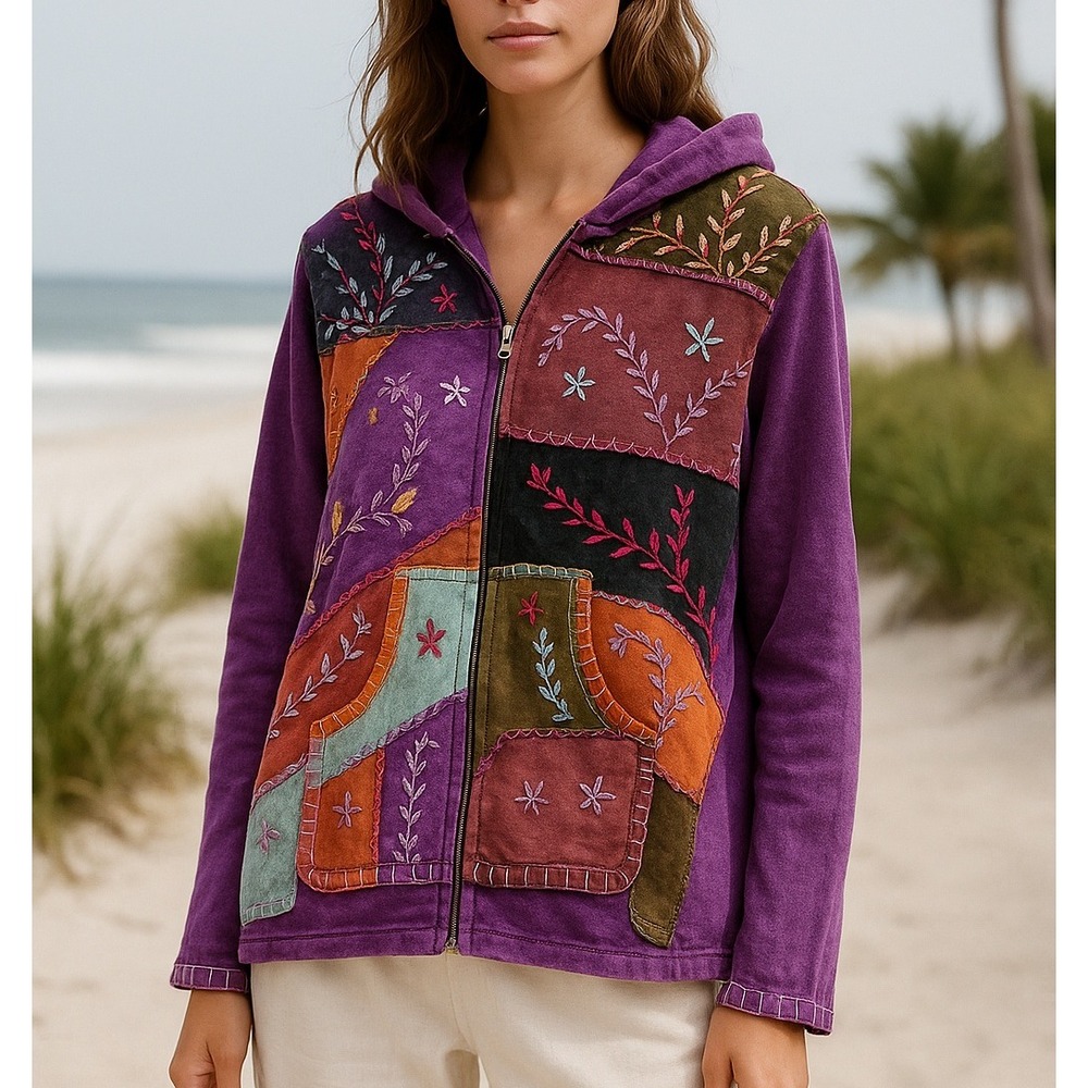 Y2K Patchwork Boho Bohemian XL Purple Zip Up Hooded Sweater Embroidered Granola - Picture 1 of 7
